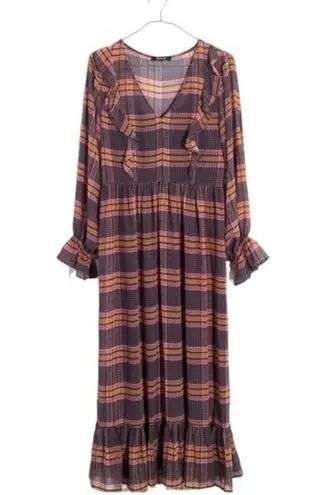 Madewell Plaid Long Flutter Sleeve Sheer Maxi Dress Navy Blush Size 6 NEW