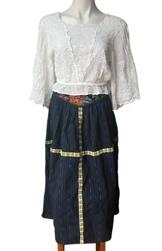 Unique Vintage Cotton Tapestry Waist Midi Skirt, Dark Navy