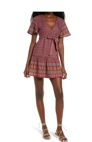 Raga Avah Floral Faux Boho Wrap Mini Dress color Wine size LARGE BRAND New