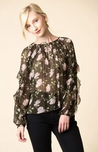 Ulla Johnson Azalea Floral Sheer Top Ruffle V Neck Size 4 100% Silk