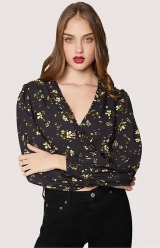 Lost + Wander Daisy Floral Long Sleeve Crop Top 2X Black Smocked Ruffle V-Neck