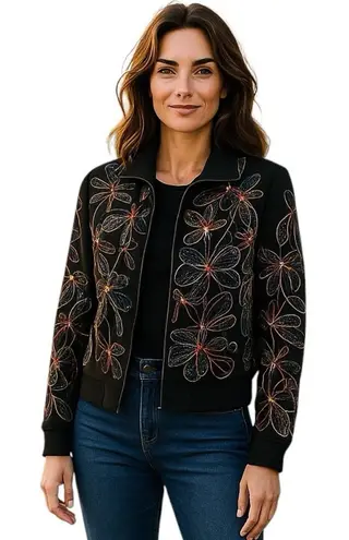 VINTAGE Boho Jacket Women’s Medium Front Zip Embroidered Sequin Floral Anage Black