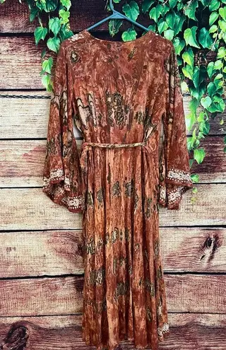 Boutique Gypsy Bell Sleeve Maxi Wrap Dress Medium Celestial Burnt Orange Rust Fairy Boho