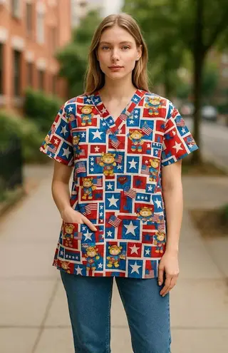 Peaches Uniform Womens Large Cat Patriotic Print Scrub Top Nurse Healthcare Red