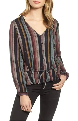 Rails Beaux Blouse Varadero Striped Button Front Metallic Thread Peplum Top SM