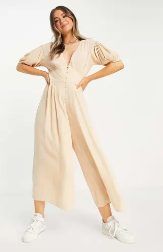 ASOS Design Crinkle Tea Jumpsuit with Puff Sleeve in Stone Size 10 NWT - Image 1