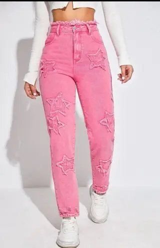 SheIn Pink Embroidered Star Mom Jeans