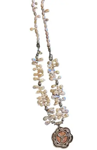 Keshi pearl & sacred OM mandala w/ unique charms along the string of pearls