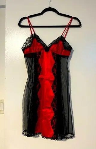 Frederick's of Hollywood Vintage Frederick’s of Hollywood Red Satin and Black Lace Sheer Whimsigoth Slip