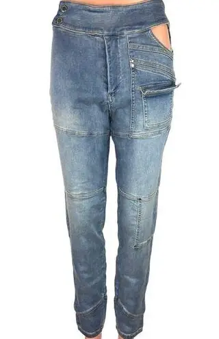 Maniere De Voir Blue Cut-Out High Rise Straight Leg Medium Wash Denim Jeans 10