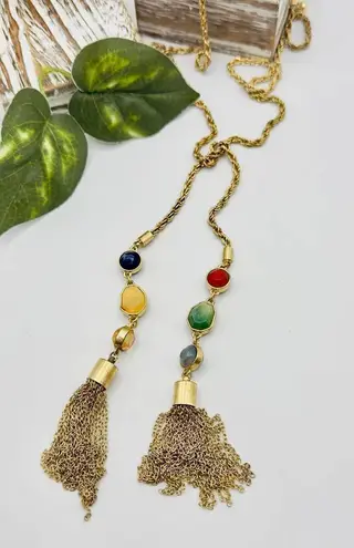 Vintage Gold Tone Open Chain Beaded Tassel Long Necklace