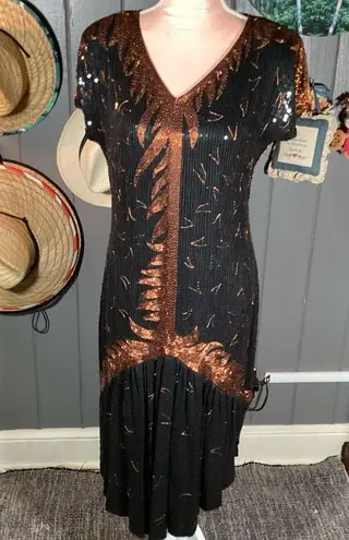 Black & Bronze Sequin Embellished Flutter Sleeve Midi Dress