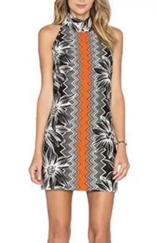 Milly Designer Floral Aesthetic Chevron Black / White / Orange Halter Dress Sz 4