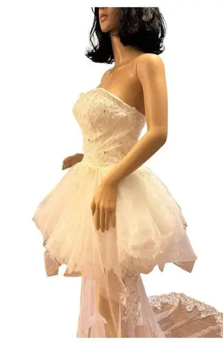 Unique Vintage Vintage high low wedding prom strapless corset tulle maxi train dress size small