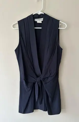 Vintage 1970's Francine Browner Deep V Neck Open Sleeveless Top Tie Belt Sz S Blue