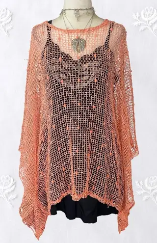 Whimsygoth Salmon Pink / Orange Boho Shawl Asymmetric Crochet Knit Top OS Size undefined