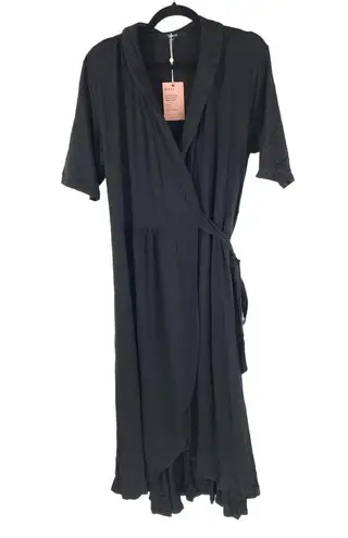 Quince Womens Tencel Jersey Midi Wrap Dress Tie Waist Shawl Collar Black S