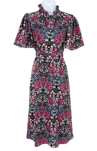 Julia Jordan Floral Ruffle Neck Flutter Sleeve Midi Dress Black Multi Size 2