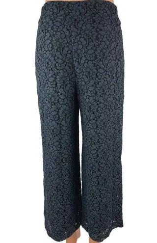 ZARA  Woman Navy Blue Floral Lace High Rise Cropped Wide Leg Trouser Pants Size S