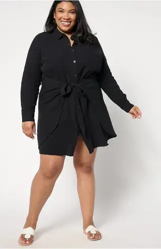 Belle Beach by Kim Gravel Petite Gauze Tie Front Shirt Dress – Size LP – Black