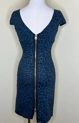 BB Dakota Denim Sheath Dress 4 Navy Blue Black Leopard Print V-Neck Cap Sleeve