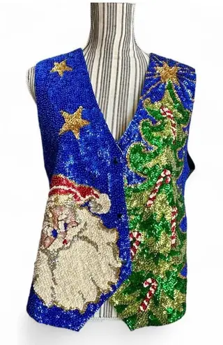 Festive Sequin Santa and Tree Vest Blue Size L