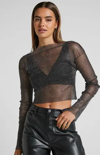 NWT SHIMMER Rhinestone Black MESH CROP TOP. Size Large