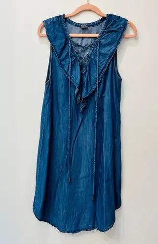 Ethereal boutique Lace Up Frill Neck Chambray denim Dress sz small