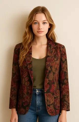 SAMANTHA DAVID Vintage Floral Blazer Retro Pockets Dark Florals Jacket size L Brown Size L