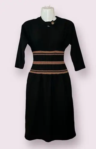 Vintage Knit Half Sleeve Striped Sweater Dress Elastic Ruched Waist Size 12 Black