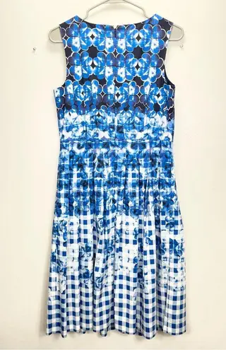 Talbots  Blue Floral Gingham Sleeveless Fit Flare Sleeveless Pockets Dress Size 4