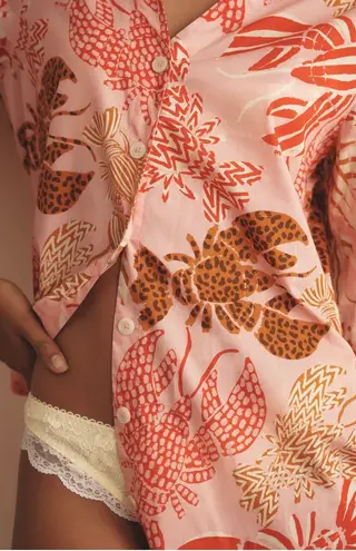 Farm Rio Lobster Print Oversized Button-Front Shirt/Tunic, Size S