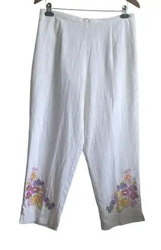 Women Linen Blend Pants 12 Straight Leg Embroidered Floral Whimsy Cruise Resort White