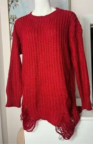 Juju*Be Red Ripped Distressed Knit Pullover Hi Low 3/4 Sleeve Sweater Size Large