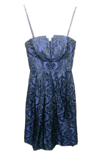 Watters & Watters Navy Brocade Satin Dress Convertible Strapless Textured Size 6 Blue