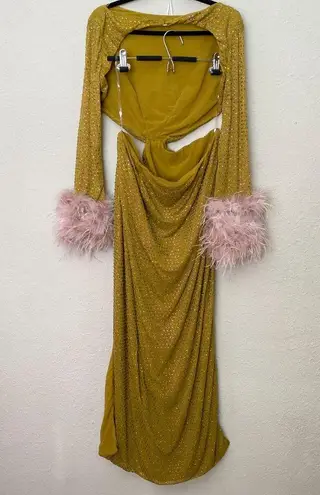 House Of CB  'Gina' Feathered Chartreuse Crystallised Maxi Dress NWOT size XL