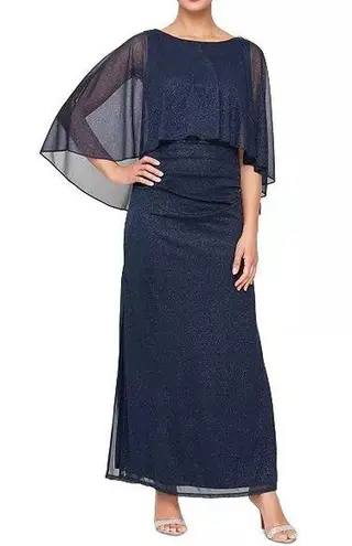 Slny SL Fashions Women's Sparkle Mesh Capelet Ruched Gown Smoke Sz 8P Petite