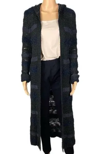 HOUSE OF HARLOW 1960 black & grey striped Hooded fuzzy open Duster ONE SIZE EUC