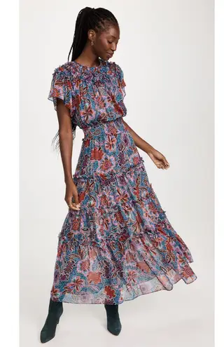 MISA Los Angeles Misa Suki Cerulean Flora Metallic Chiffon Floral Ruffle Midi Dress