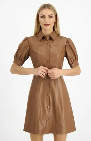 Kit & Sky Womens Faux Leather Puff Sleeves Mini Shirtdress Juniors Brown Size XXL
