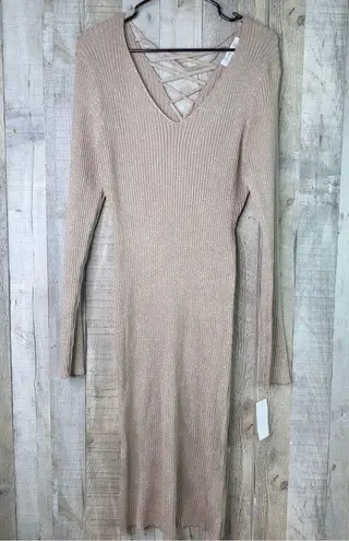 Planet Gold Plus 2x Metallic Gold/Tan Deep V-Neck Long Sleeve Sweater Dress