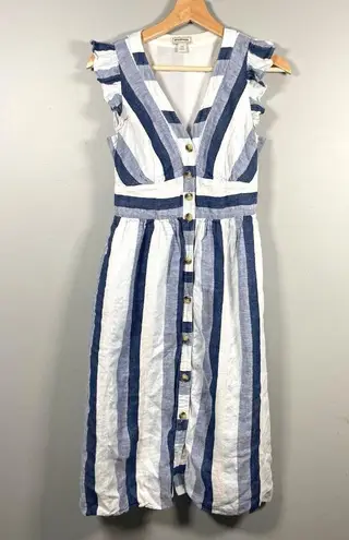 Point Sur J Crew Blue Striped Linen Front Button Blue Summer Midi Dress Size 4P