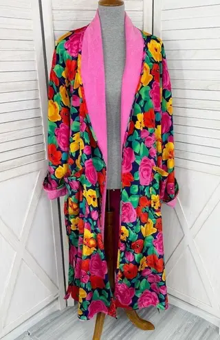 Victoria's Secret Victoria’s Secret Vintage Floral Satin Terrycloth Lined Robe Blue Pink One Size