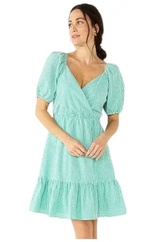 Draper James  RSVP Dress Womens XL Gingham Surplice Bubble Sleeve Peplum Green