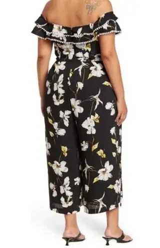City Chic Jumpsuit SZ 14 Black White Yellow Crepe Floral Print Off The Shoulder