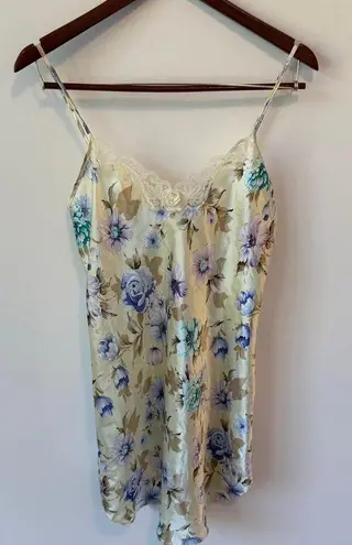 Floral Satin Nightgown Lingerie Lace Trim Romantic Cottagecore Slip Dress Sz S Yellow