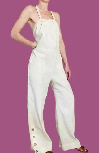Jonathan Simkhai Ivory Cream Wide Leg Open Back Button Detail Linen Jumpsuit