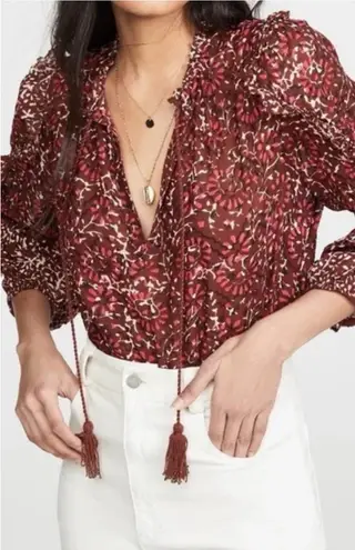 Ulla Johnson Lillian Burgundy Red Floral Puff Sleeve Ruffle Tassel Top Size 2