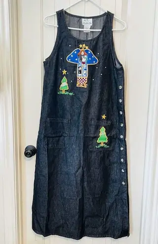 Quacker Factory Small Jumper Maxi Dress Black Jean Denim Angel Snowmen Trees NWT