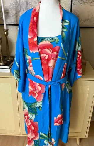 NATORI Bloom Robe and Slip Dress Set Blue Floral Size XS Green